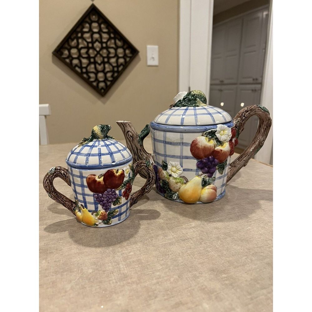 Fitz and Floyd Omnibus Vintage Fruit Arbor Teapot And Sugar Bowl 1994